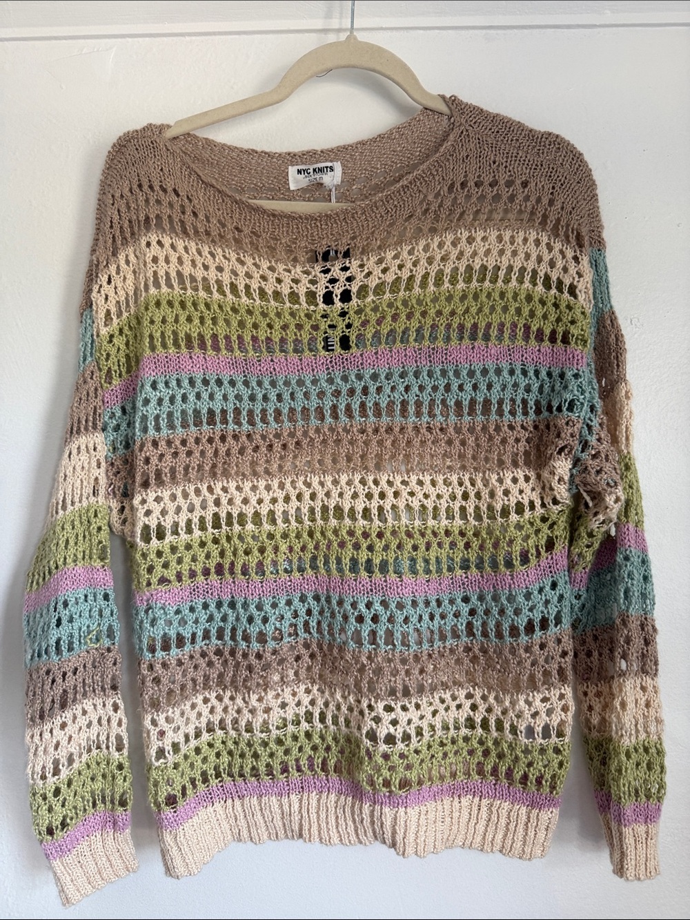 NYC Knits Striped Open-Weave Crew Sweater in Taupe & Pastels
